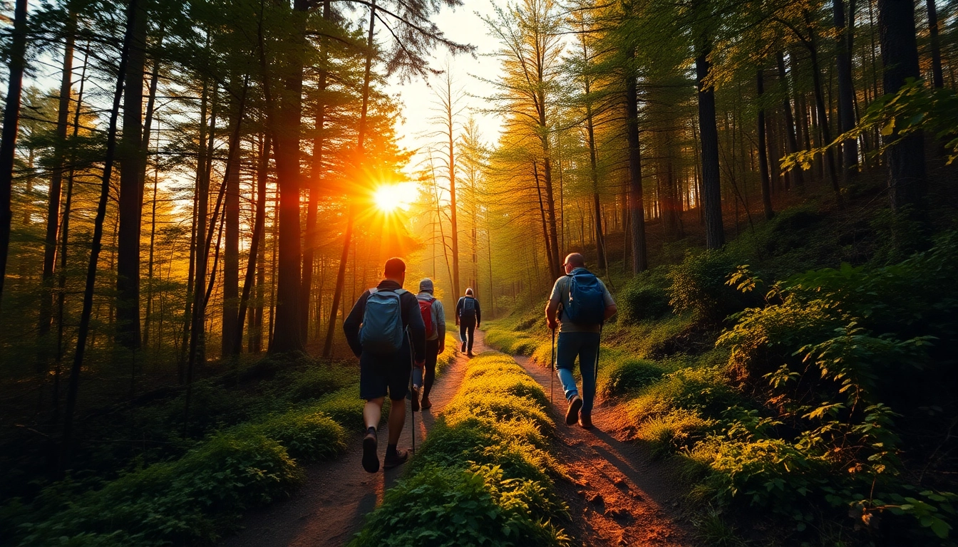 Hiking in lush green forests with hikers enjoying outdoor adventure and nature scenery.