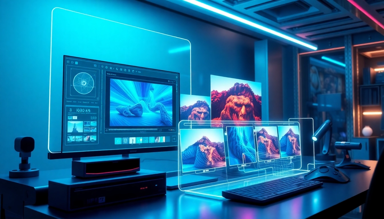 Futuristic workspace featuring holographic AI image editing interface with vibrant visuals and advanced technology elements.