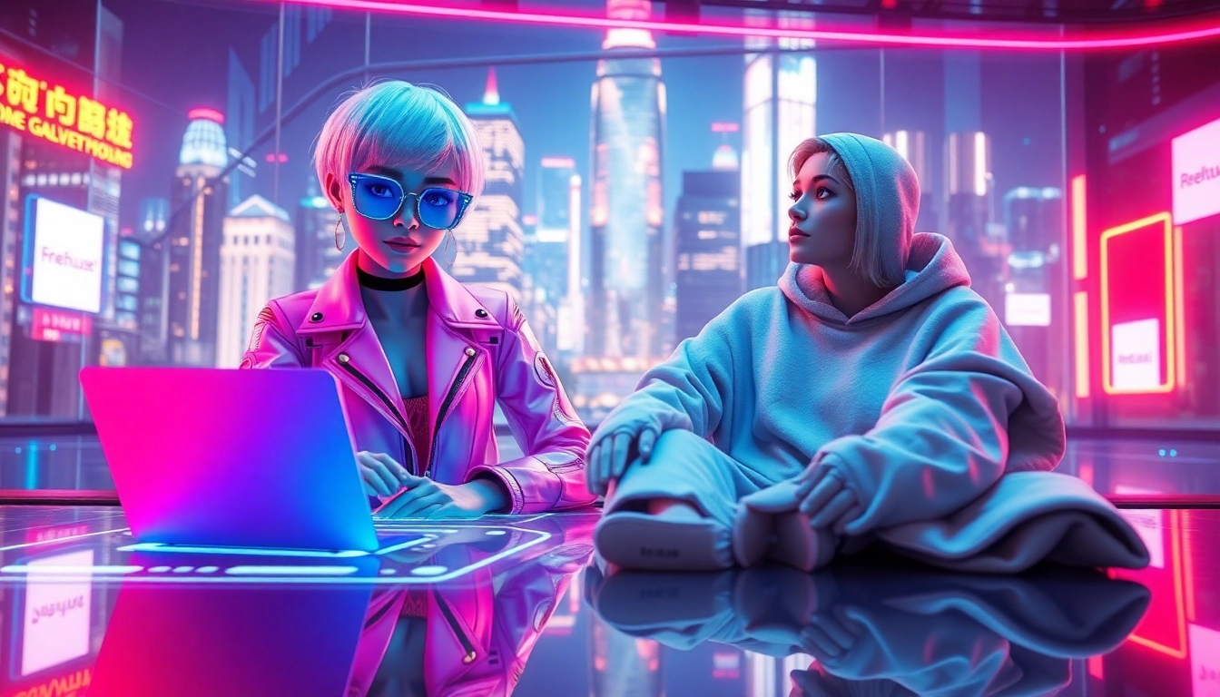 Digital illustration of two AI characters in a neon-lit virtual environment, one stylish femboy and one cozy 'freeuse mom,' in a high-tech cityscape background.