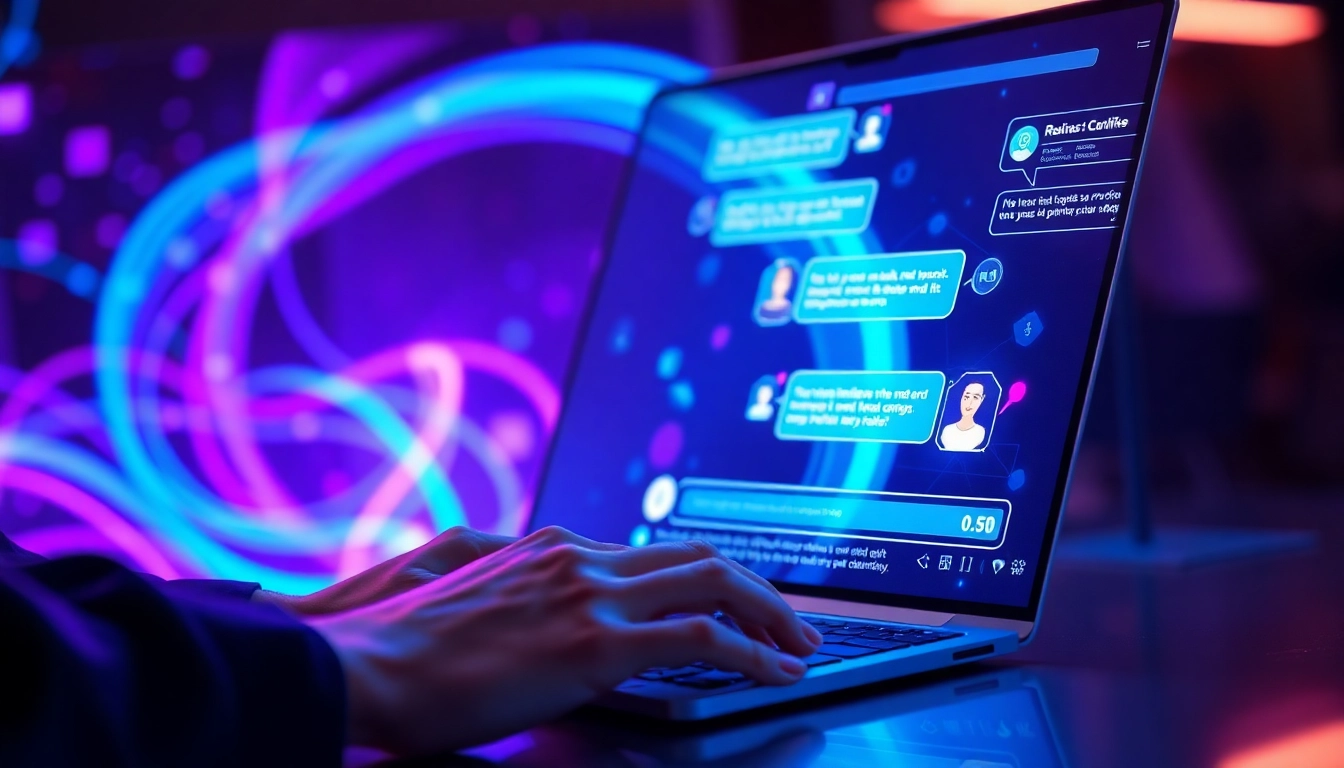 Futuristic digital chat interface with vibrant neon colors and glowing data streams, illustrating AI conversations.