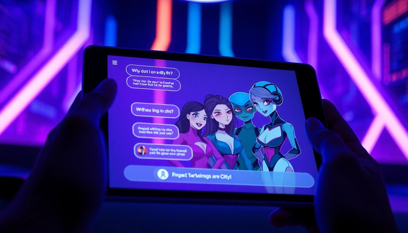 Futuristic digital chat interface with animated AI characters in a neon-lit environment