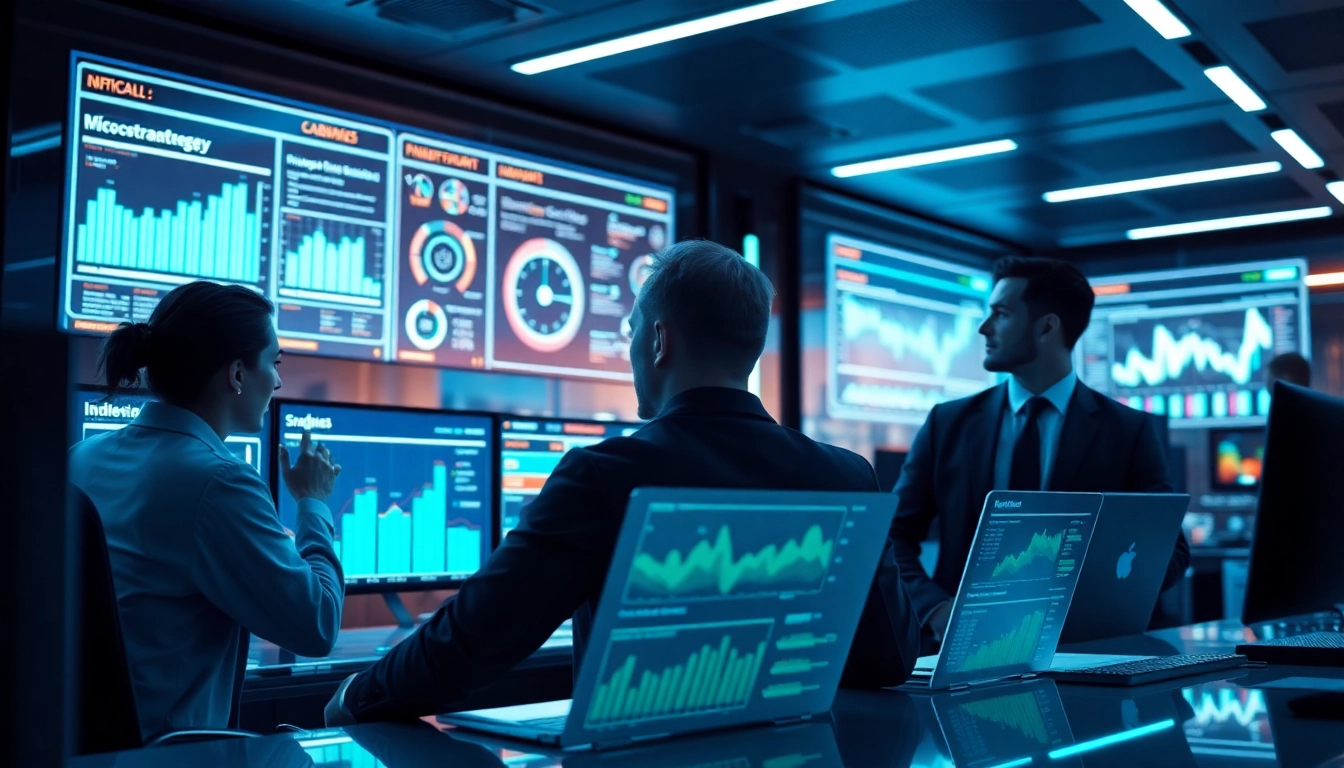 Microstrategy analysts working on dynamic data dashboards in a modern office environment for