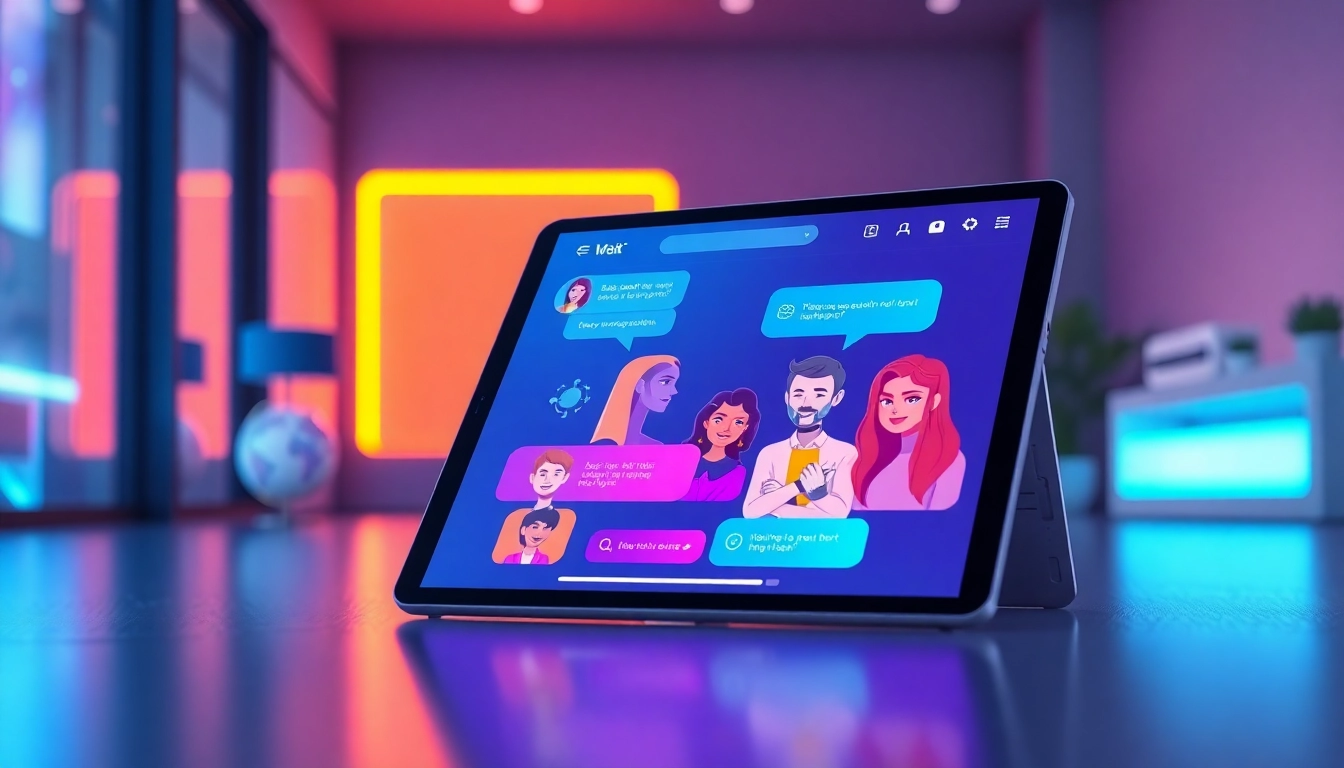 Futuristic digital chat interface with colorful AI characters on a sleek tablet screen in a neon-lit room