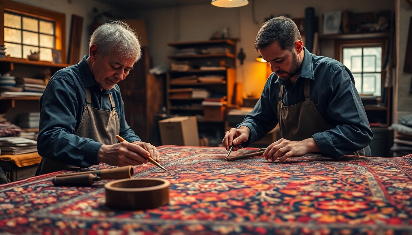 Professional technicians performing Restauro Tappeti milano on an antique Persian rug,