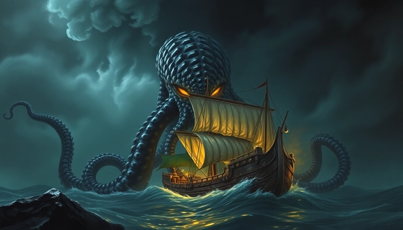 The Kraken depicted as a massive sea creature with glowing eyes and tentacles wrapping around a
