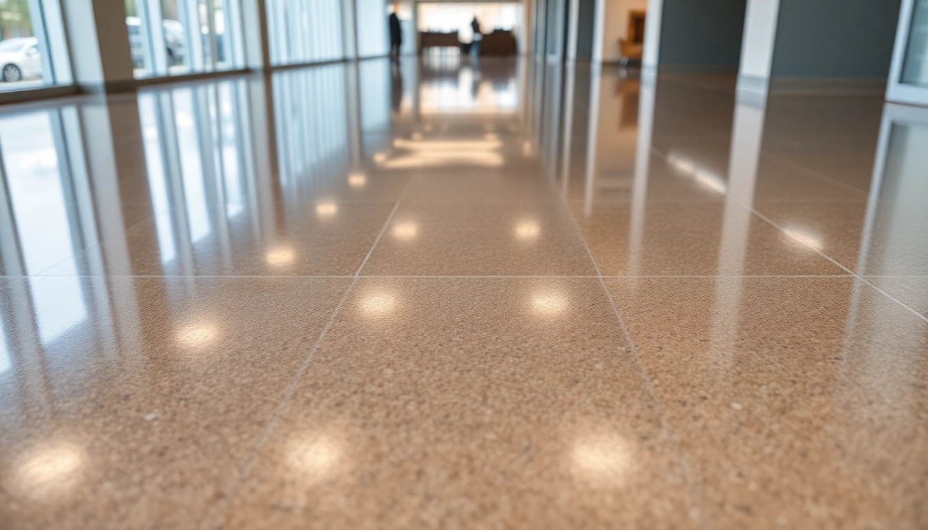 Professional epoxy resin floor installation showcasing a shiny, durable surface ideal for